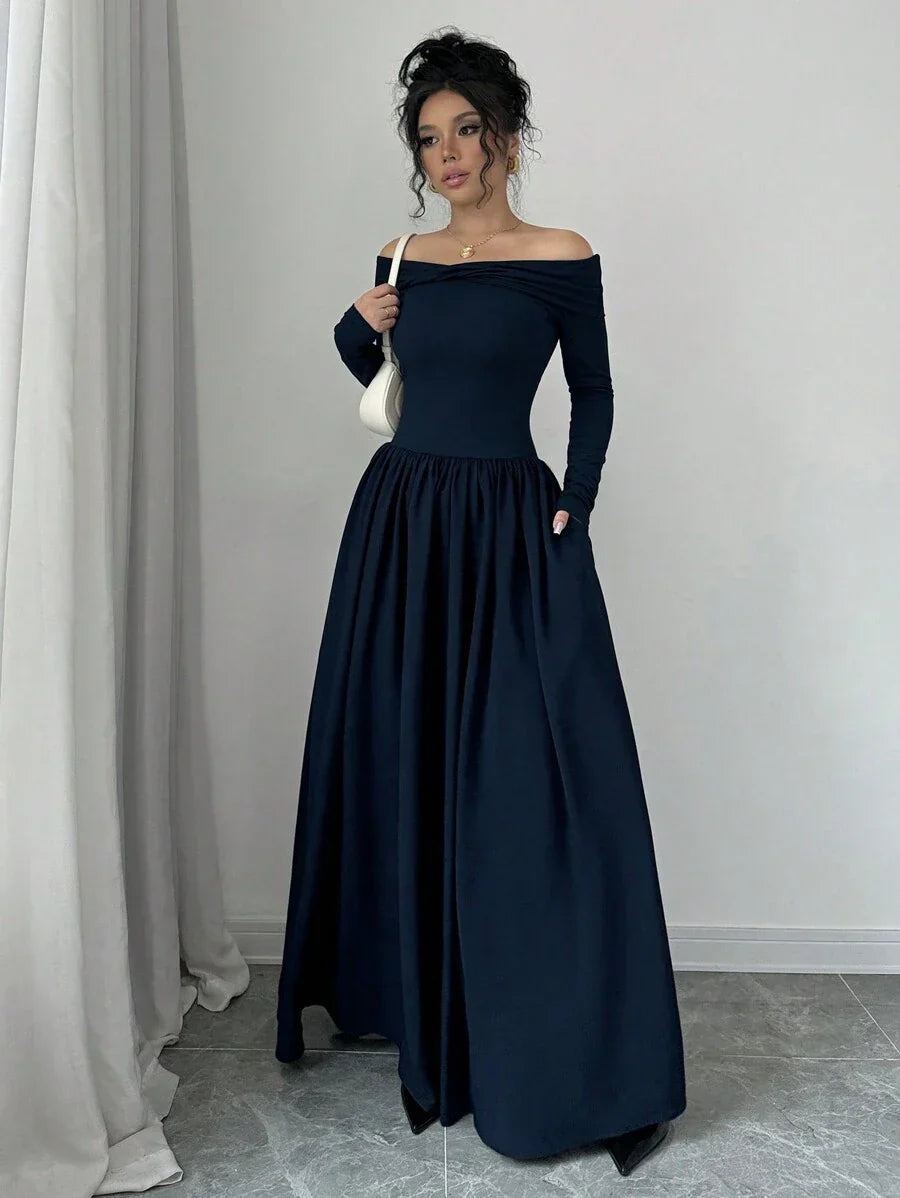 Rafferiza Off-Shoulder Long Sleeve Twist Front a-Line Pocket Maxi Elegant Dress