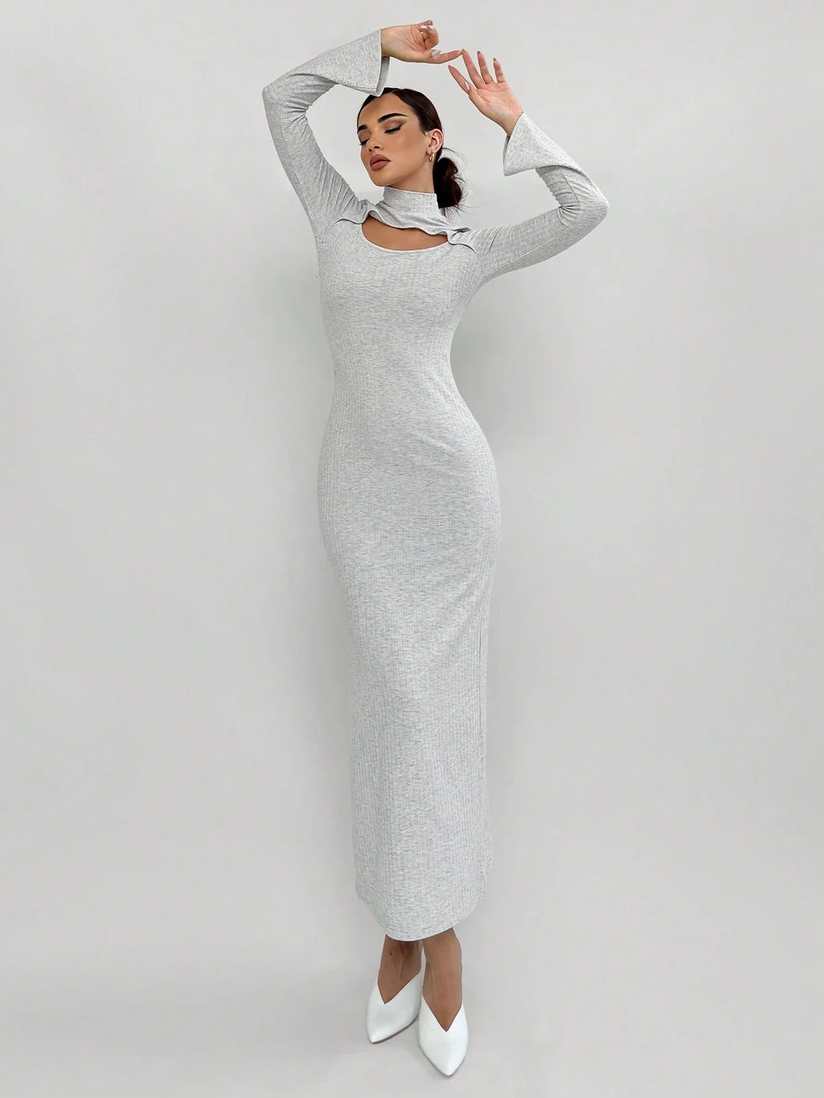 Women's Hollow-Out Fitted Rib-Knit Long Sleeve Dress