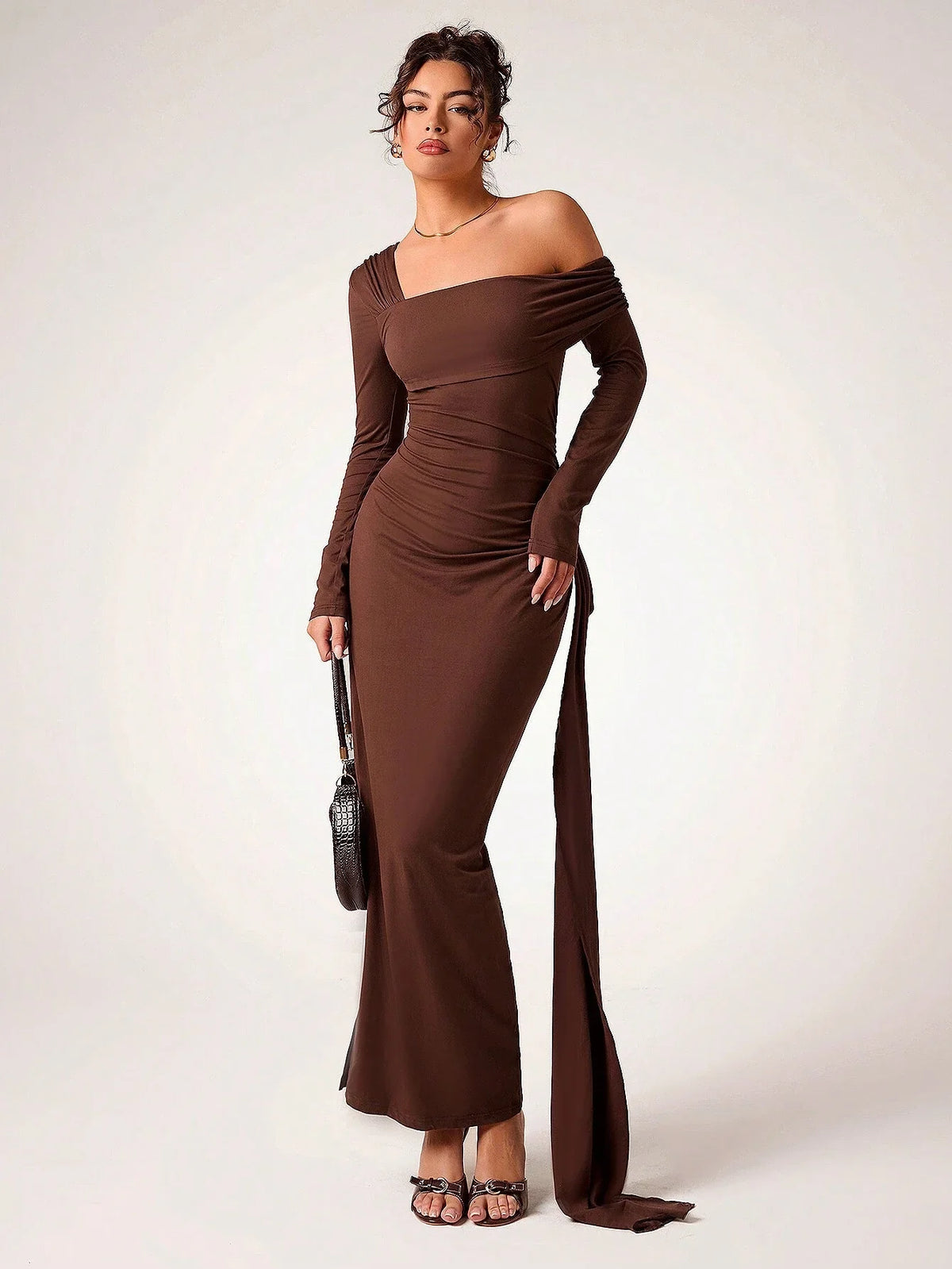 Asymmetric Neck Stretch Pleated Waist Ribbon Dress with Slit Hem