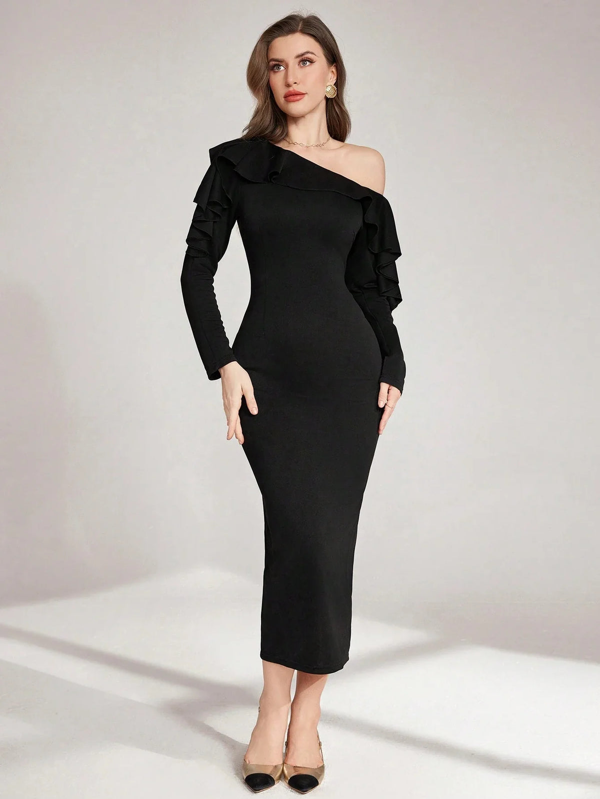 Asymmetrical Shoulder Ruffle Trim Waist Cinched Waist Midi Dress
