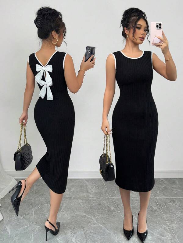 Elegant Sleeveless Backless Dress with Bowknot Design