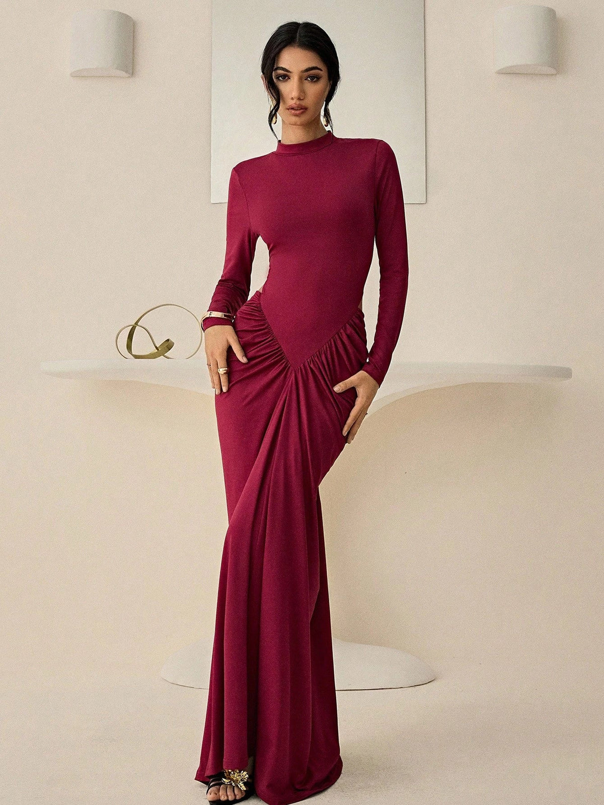 Ruched Fitted Long Sleeve Dress