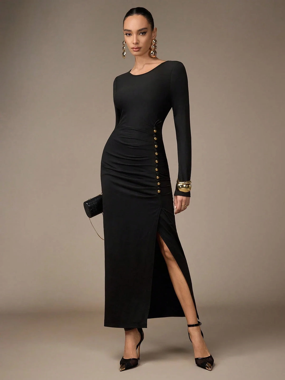 Button Design Pleated Side Slit Hem Fitted Mid-Length Dress