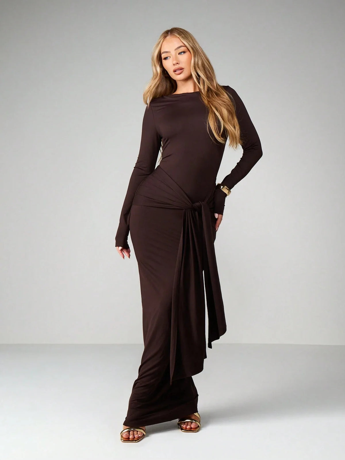 Long Sleeve Tie Waist Maxi Dress
