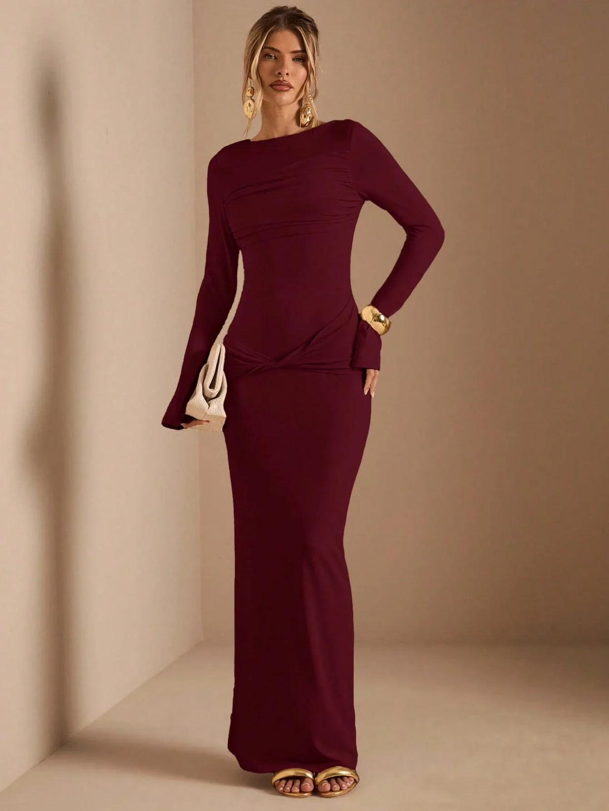 Long Sleeve Knitted Ruched Waist Twist Hem Layering Dress
