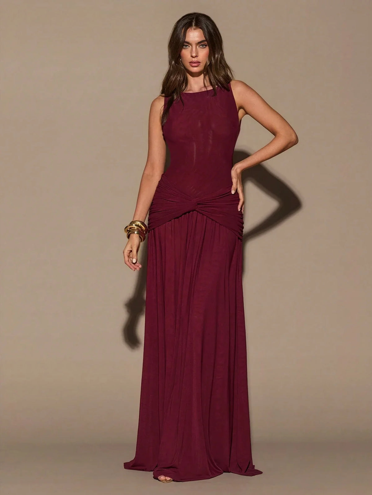 Round Neck Sleeveless Twist Waist Maxi Dress