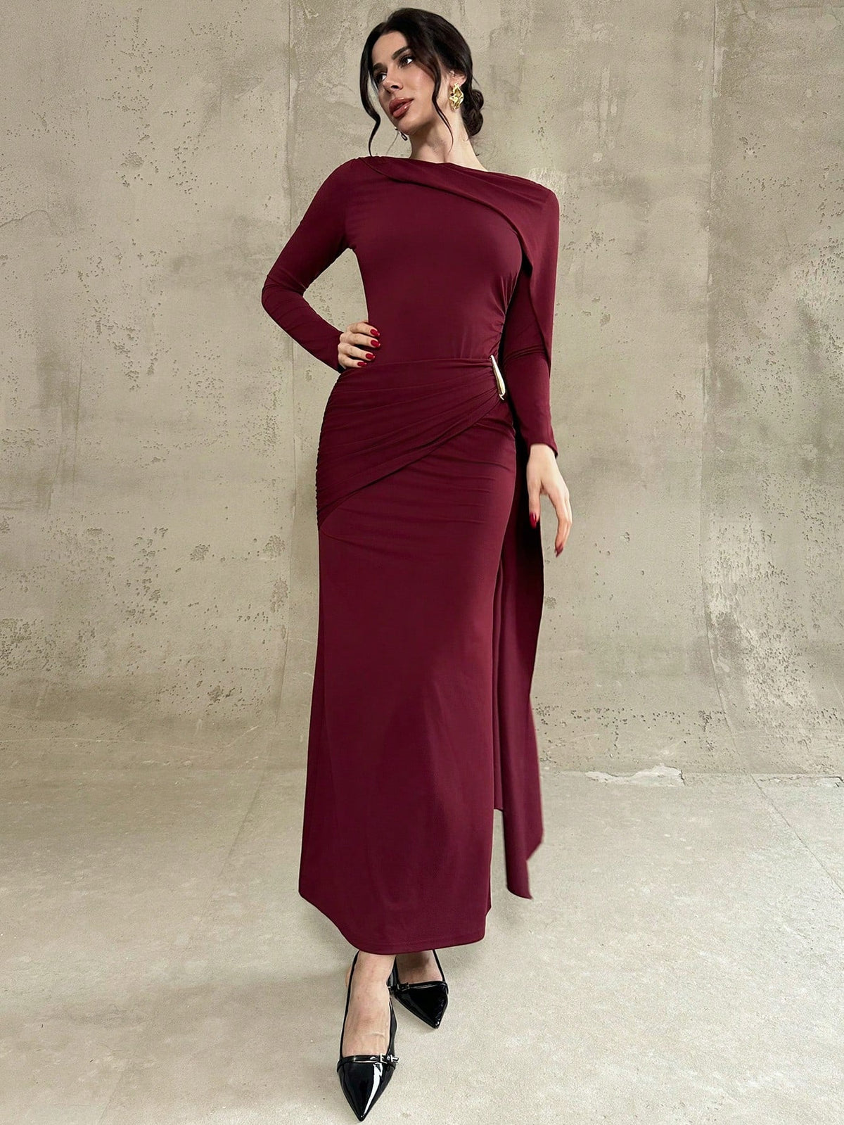 Long Sleeve Ruffle Trim Round Neck Waist Pleated Bodycon