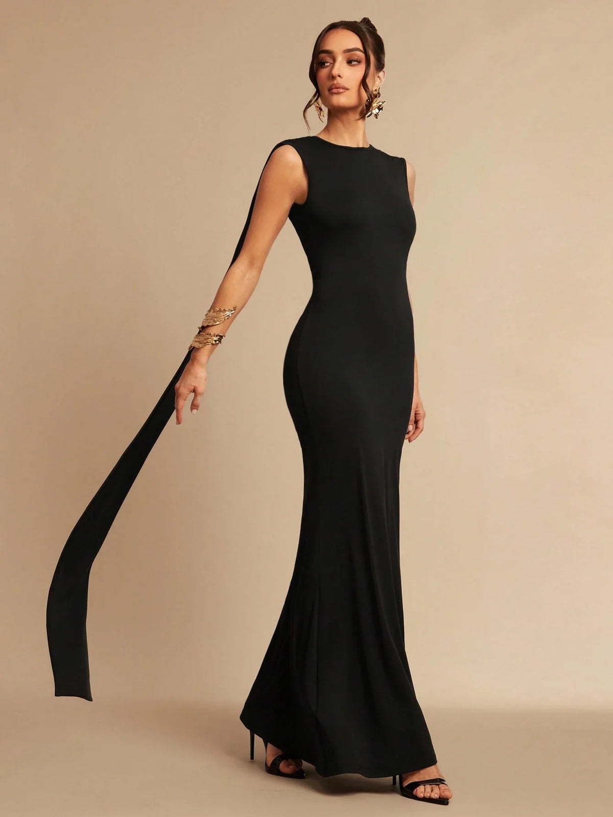 Asymmetrical Fitted Mini Dress, with Its Flared Sleeves and Front Tie