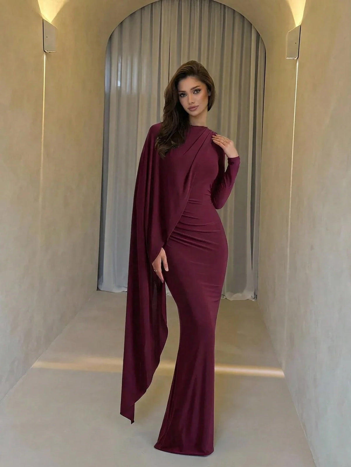 Elegant Drape Crew Neck Waist Long Sleeve Maxi Dress
