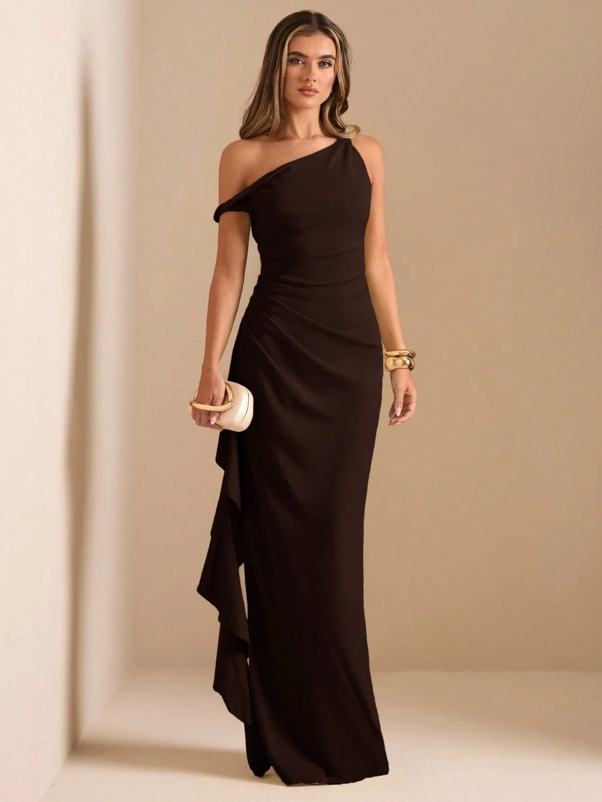 Oblique Shoulder Twist Knot Pleated High Slit Ruffle Wrap Long Dress