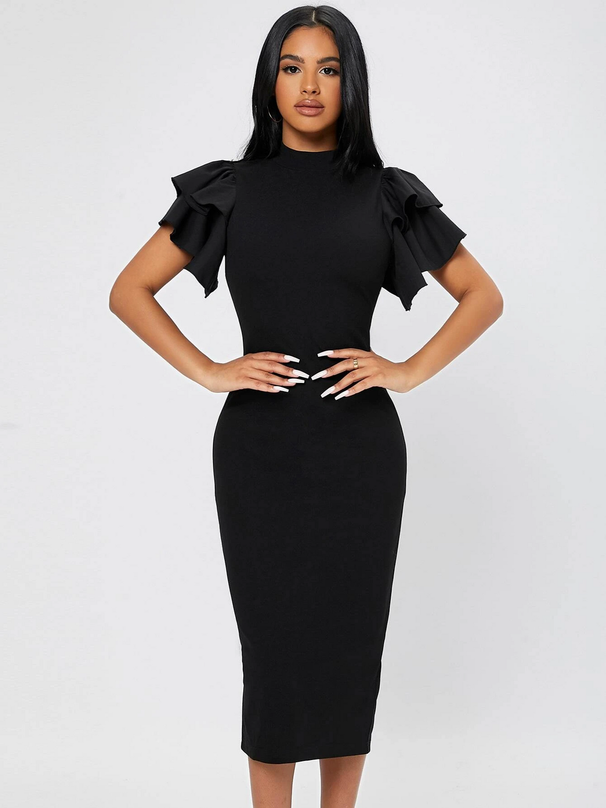Mock Neck Butterfly Sleeve Split Back Dress
