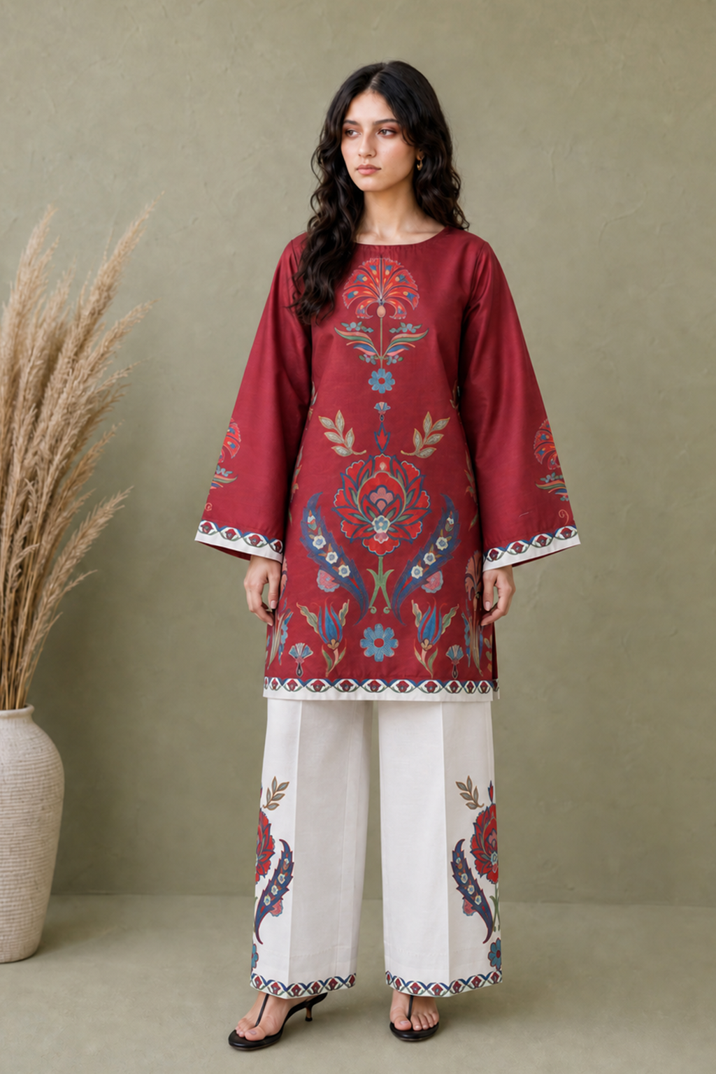 D-11 Co-ord Set Maroon and White