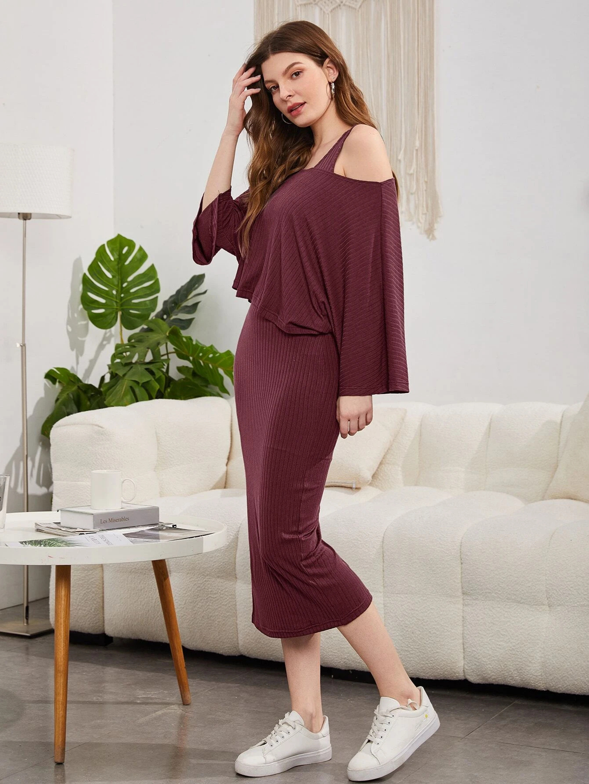 Batwing Sleeve Top & Split Hem Bodycon Dress Set 2 Piece Set
