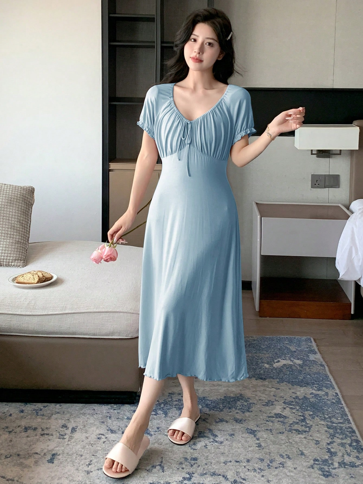 Women's French-Style Drawstring Long Dress