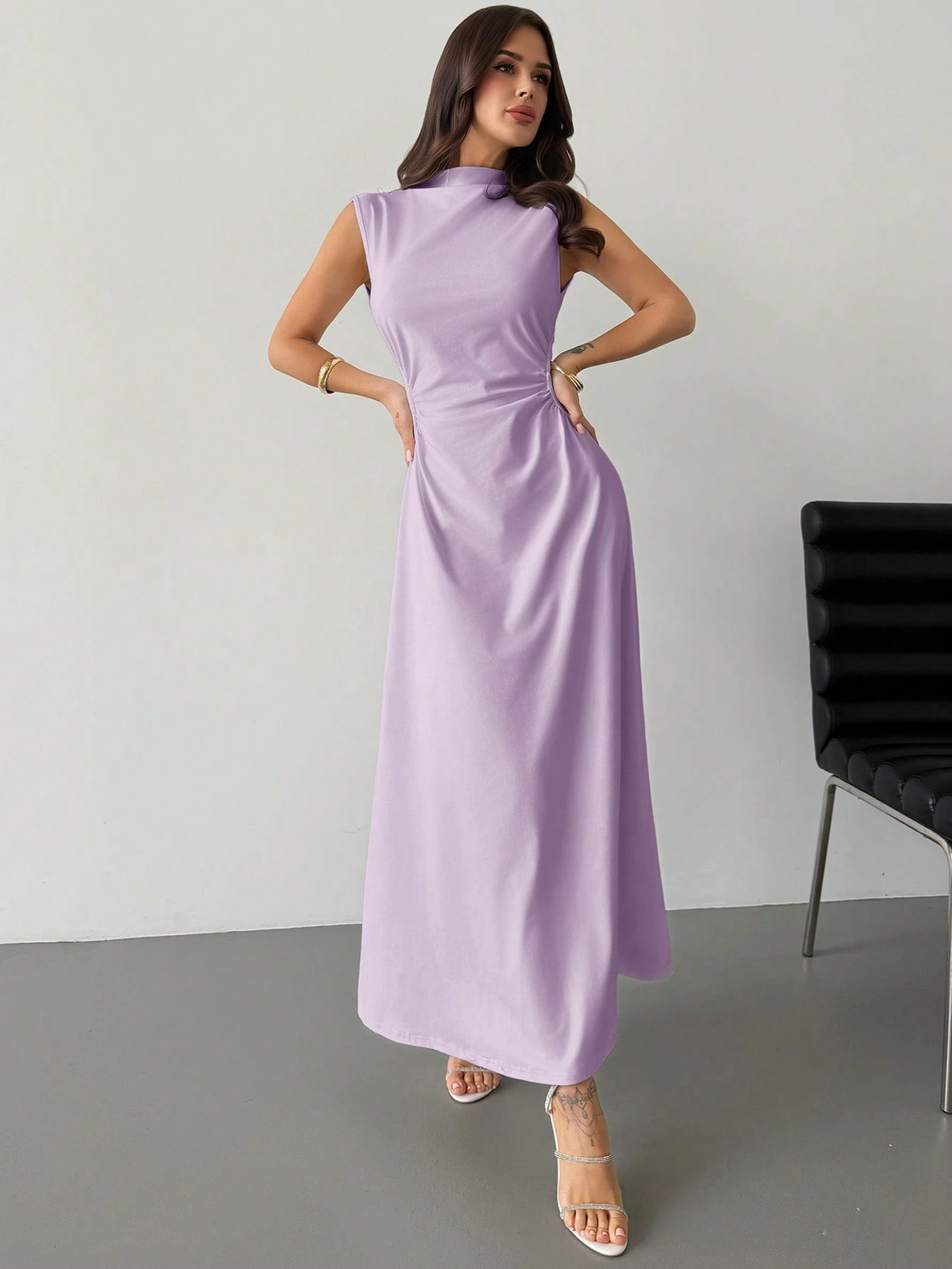 Elegant Ruched Stand Collar Sleeveless a-Line Maxi Dress