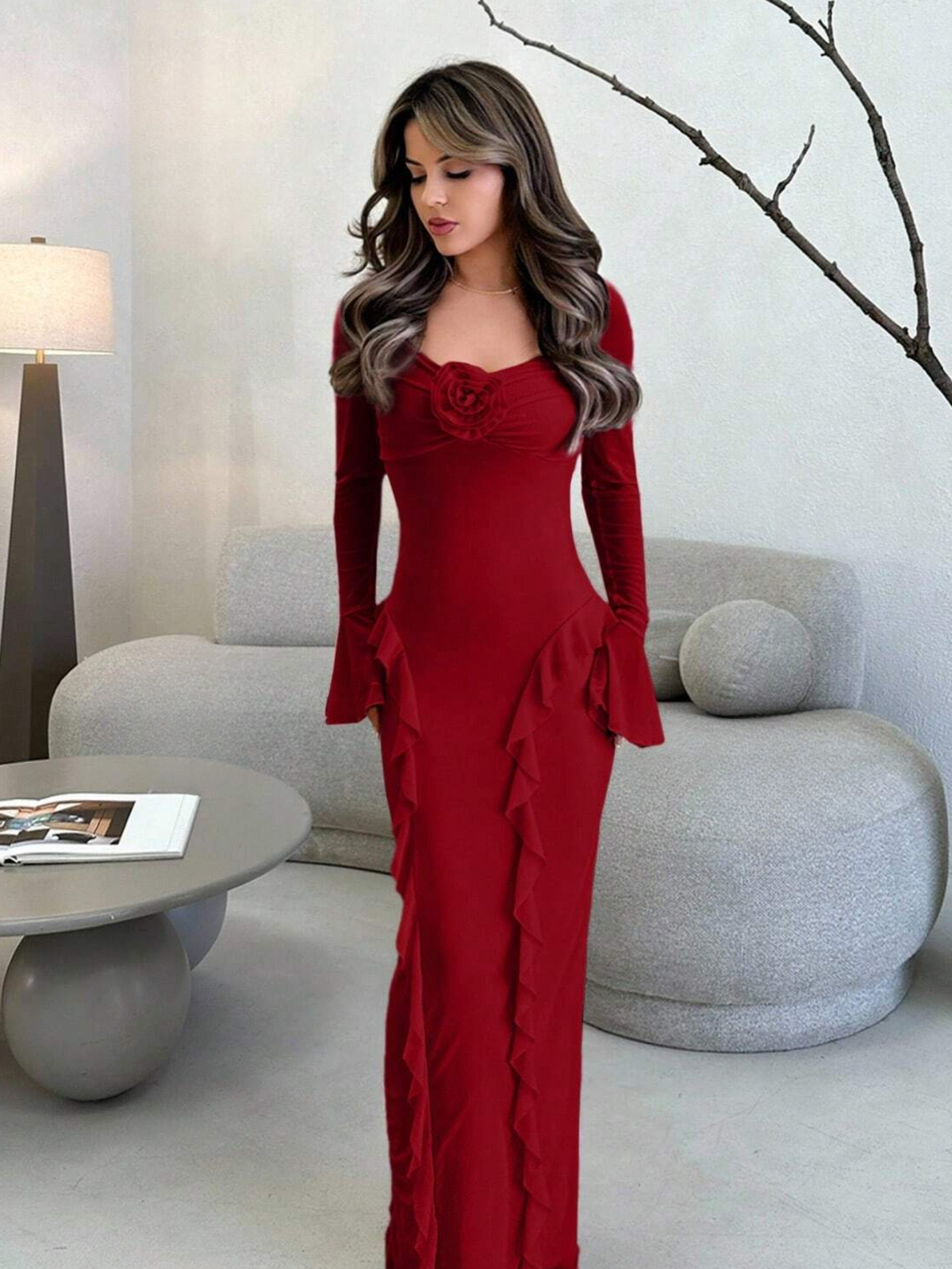 Elegant Floral Embellished Long Sleeve Dress