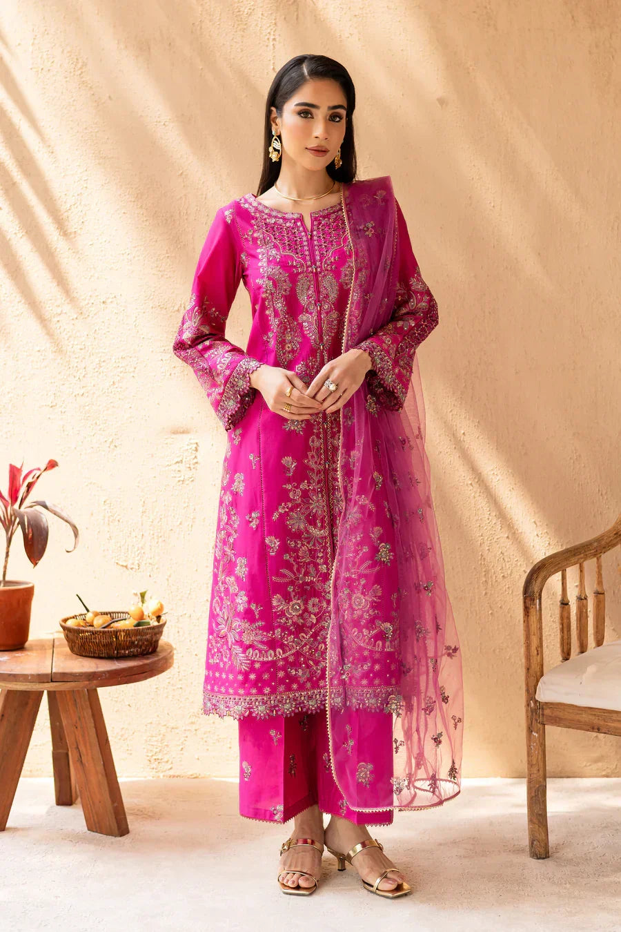 Elegant Embroidered Pink 3-PC DRESS